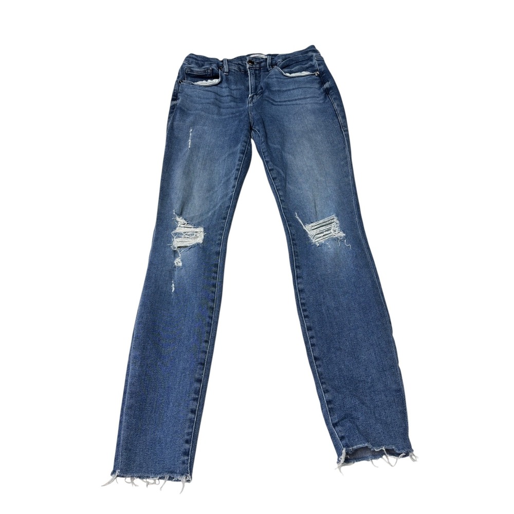 Good American Good Legs Skinny Jeans Blue Distressed Raw Hem Womens 8/29 W29 L29